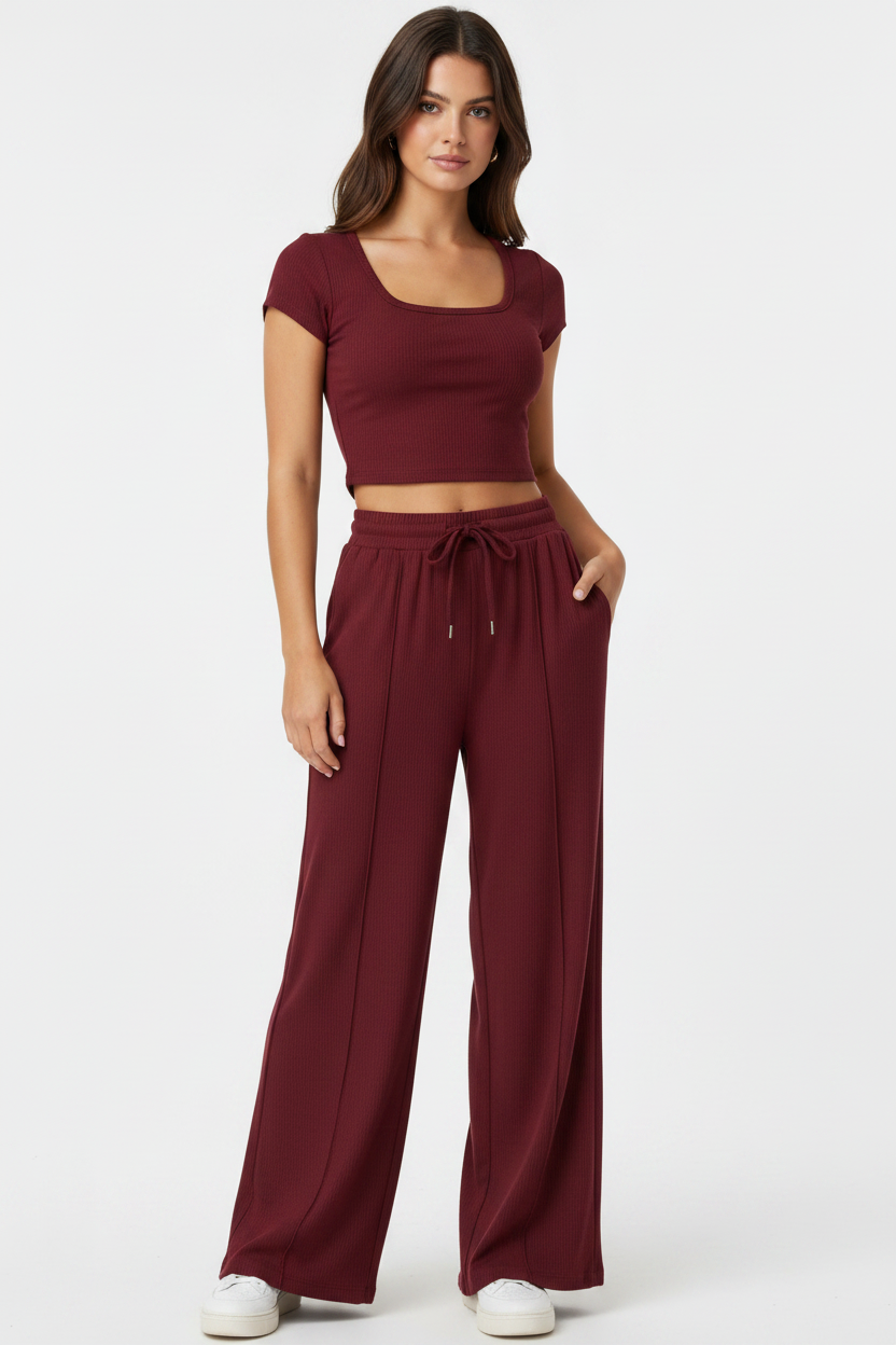 Women's Ribbed Knit 2-Piece Set in Burgundy