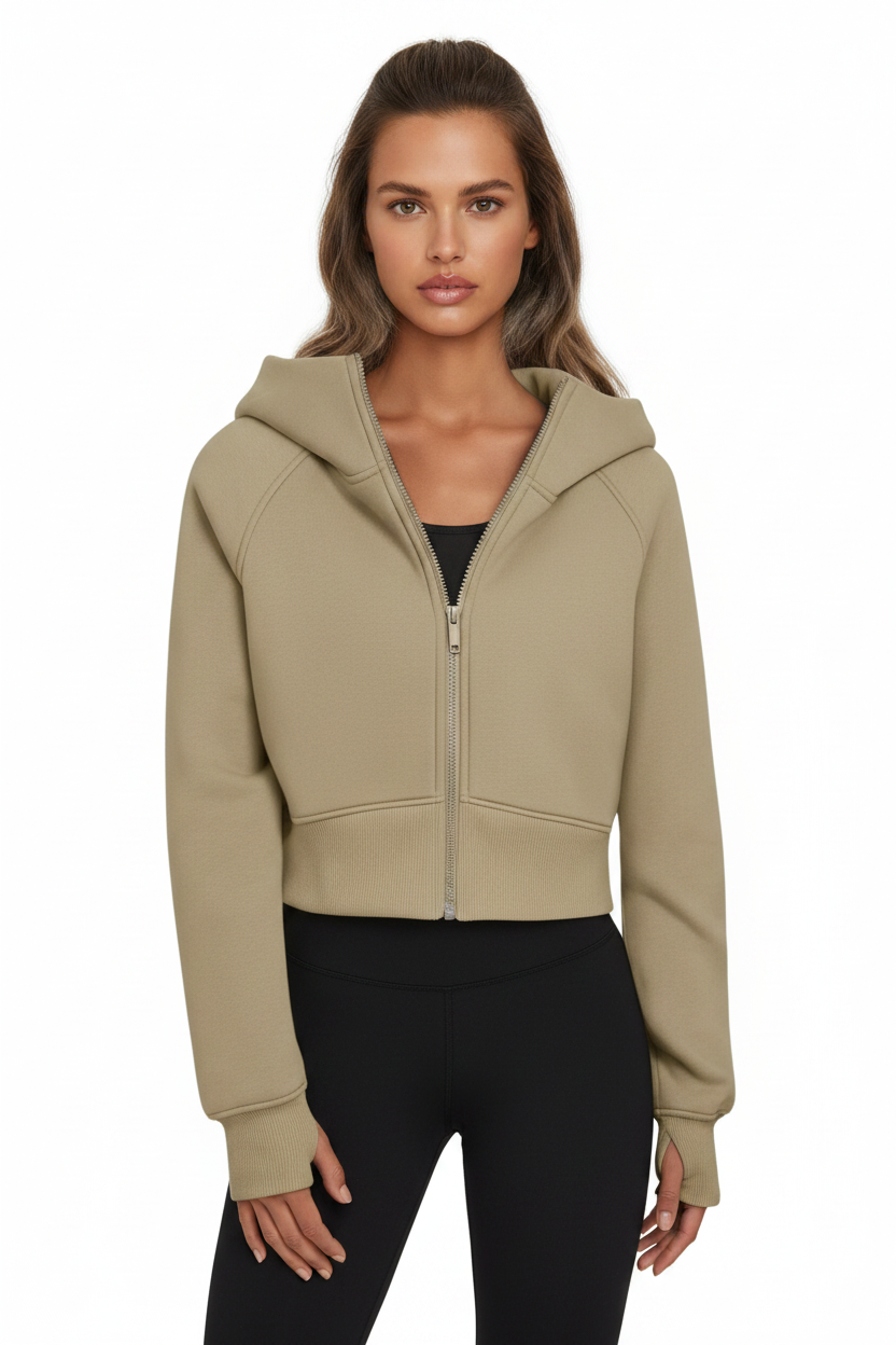 Women's Cropped Zip-Up Hoodie - Khaki