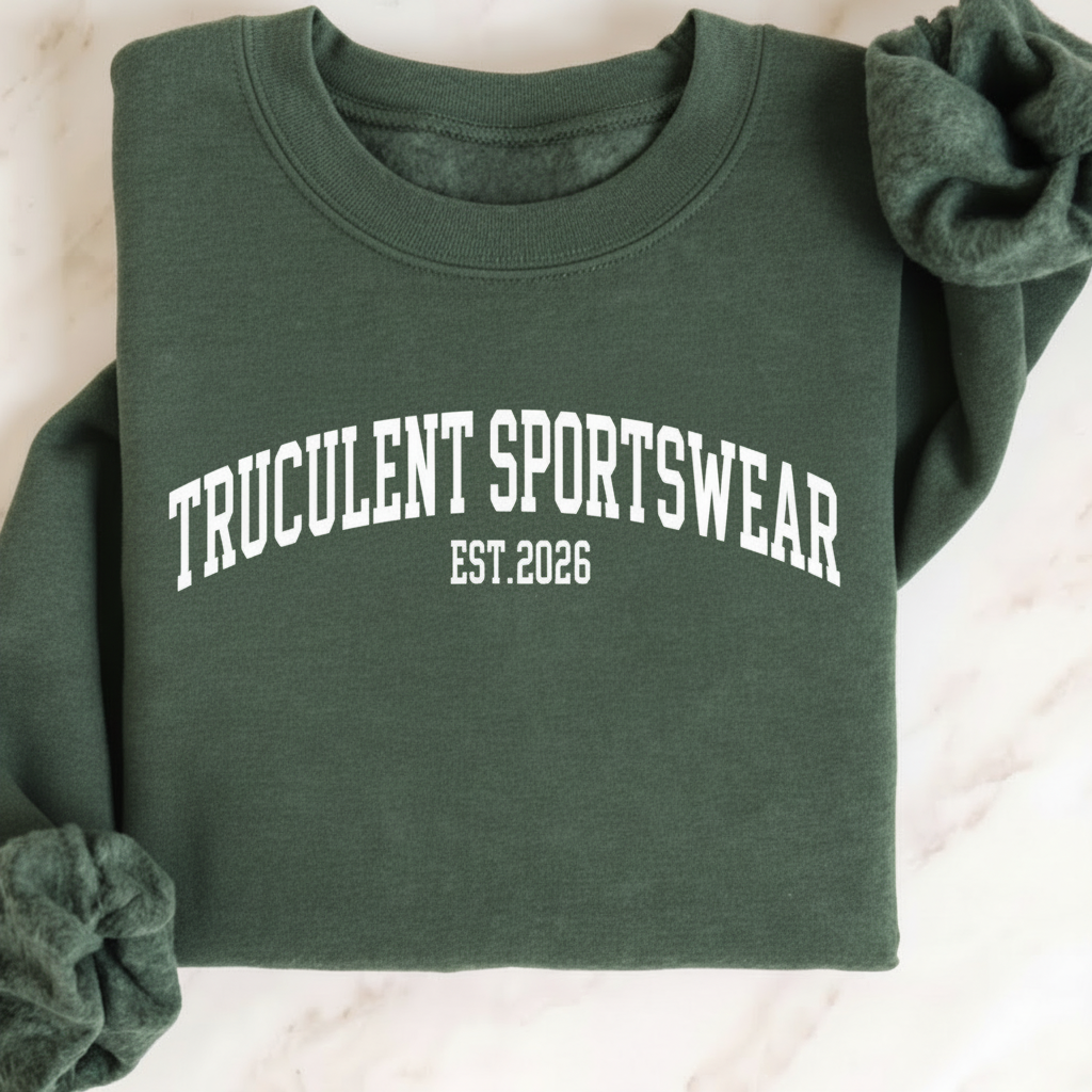 Heather green crewneck sweatshirt laid flat on marble with arched white TRUCULENT SPORTSWEAR lettering and EST.2026 underneath