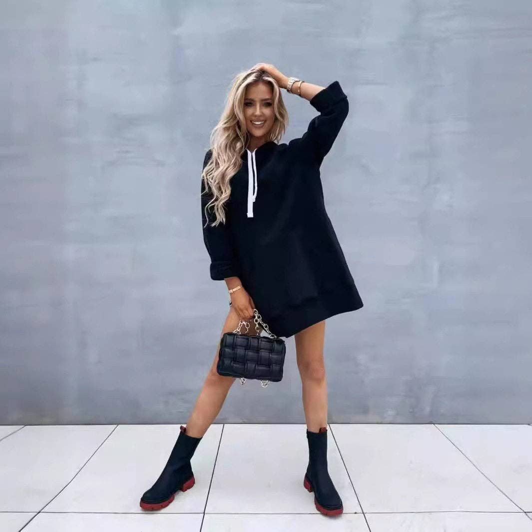 Solid Color Hooded Split Hem Midi Sweatshirt: KHAKI / M
