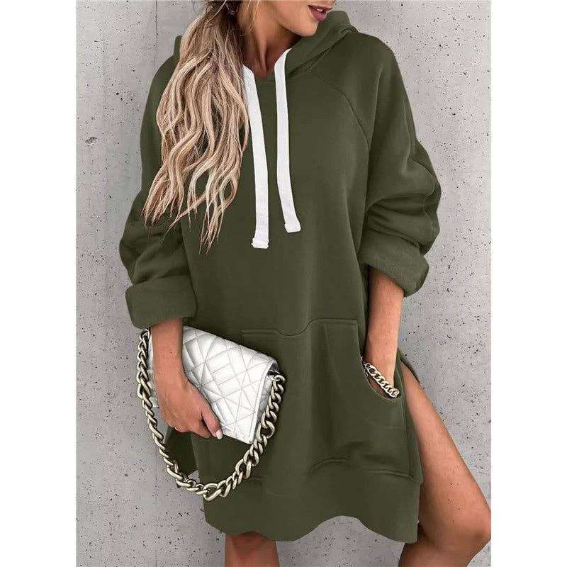 Solid Color Hooded Split Hem Midi Sweatshirt: KHAKI / M