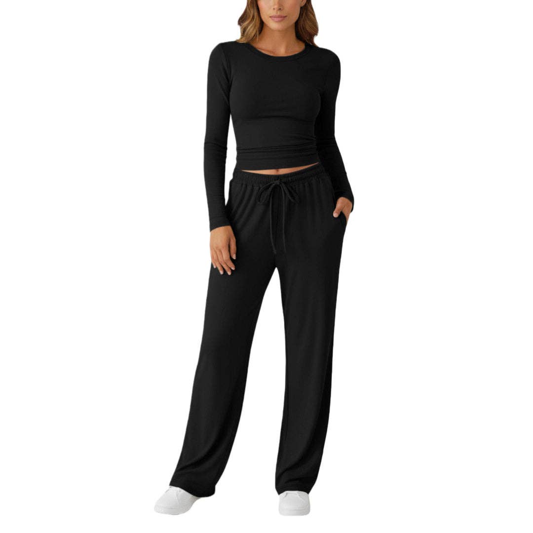 Casual Sportswear Yoga Set Long Sleeve: BLACK / M