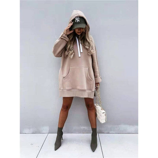 Solid Color Hooded Split Hem Midi Sweatshirt: KHAKI / M