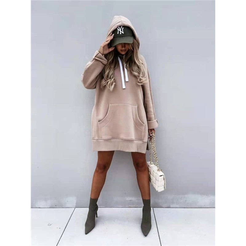 Solid Color Hooded Split Hem Midi Sweatshirt: KHAKI / XXL