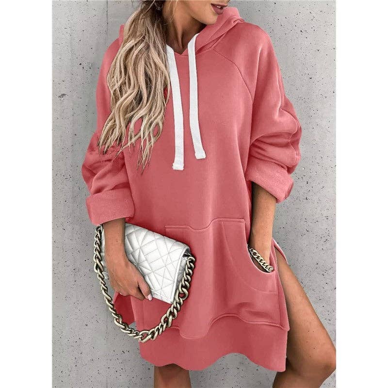Solid Color Hooded Split Hem Midi Sweatshirt: BLACK / XL