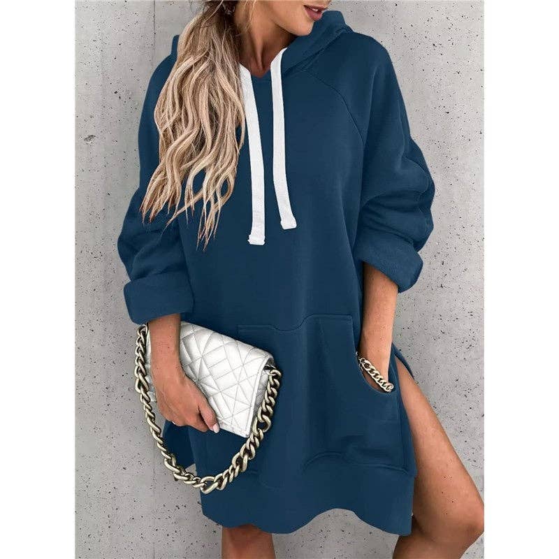 Solid Color Hooded Split Hem Midi Sweatshirt: KHAKI / XXL