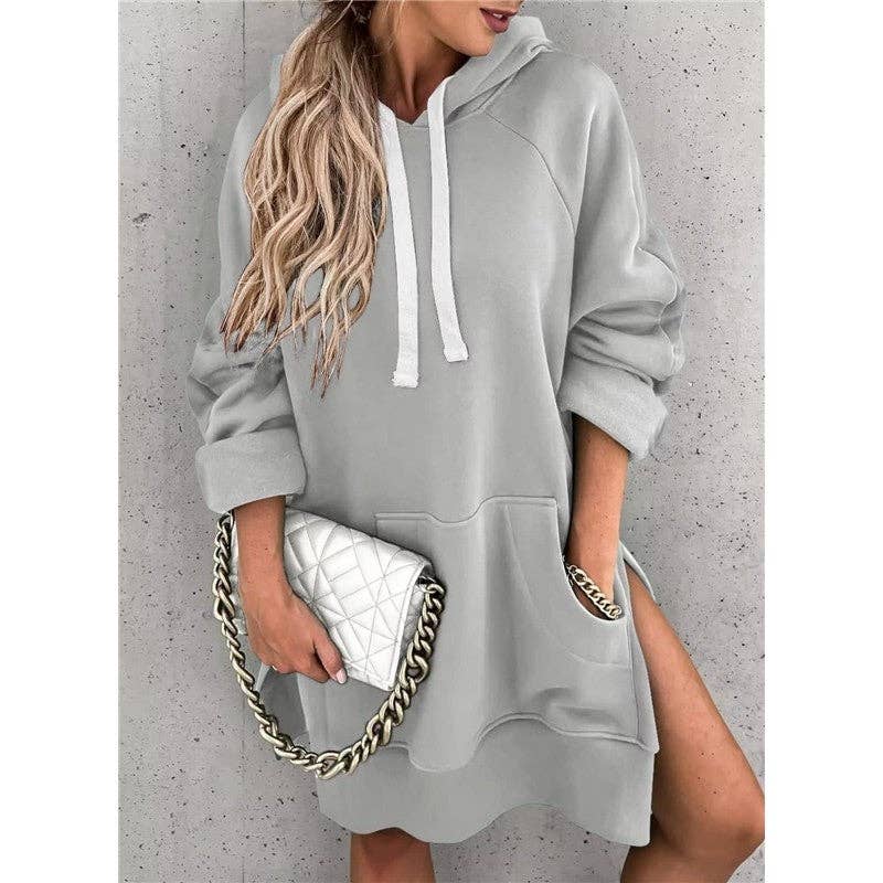 Solid Color Hooded Split Hem Midi Sweatshirt: KHAKI / XXL