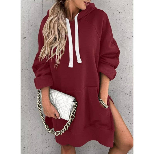 Solid Color Hooded Split Hem Midi Sweatshirt: WINE RED / XL