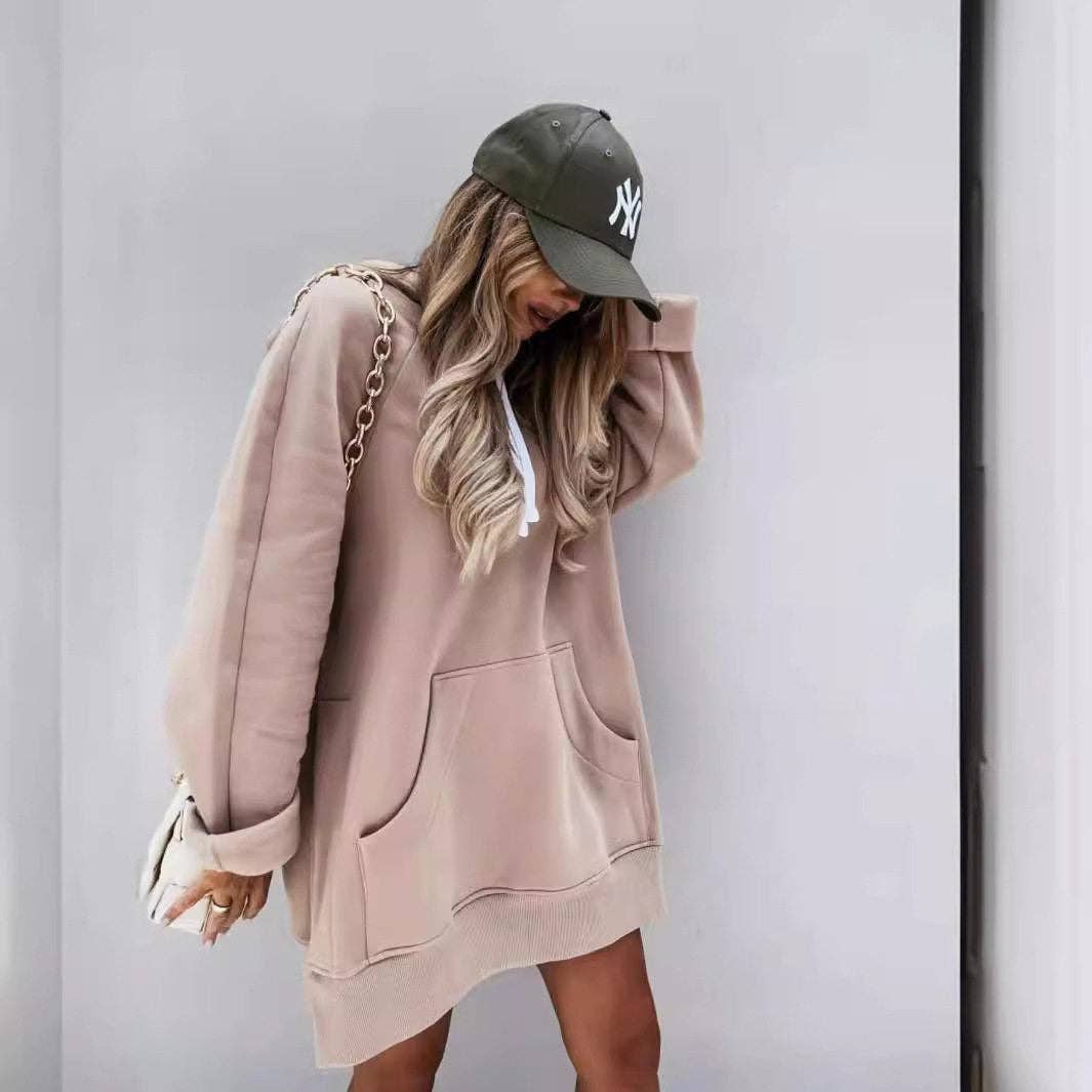 Solid Color Hooded Split Hem Midi Sweatshirt: KHAKI / XXL