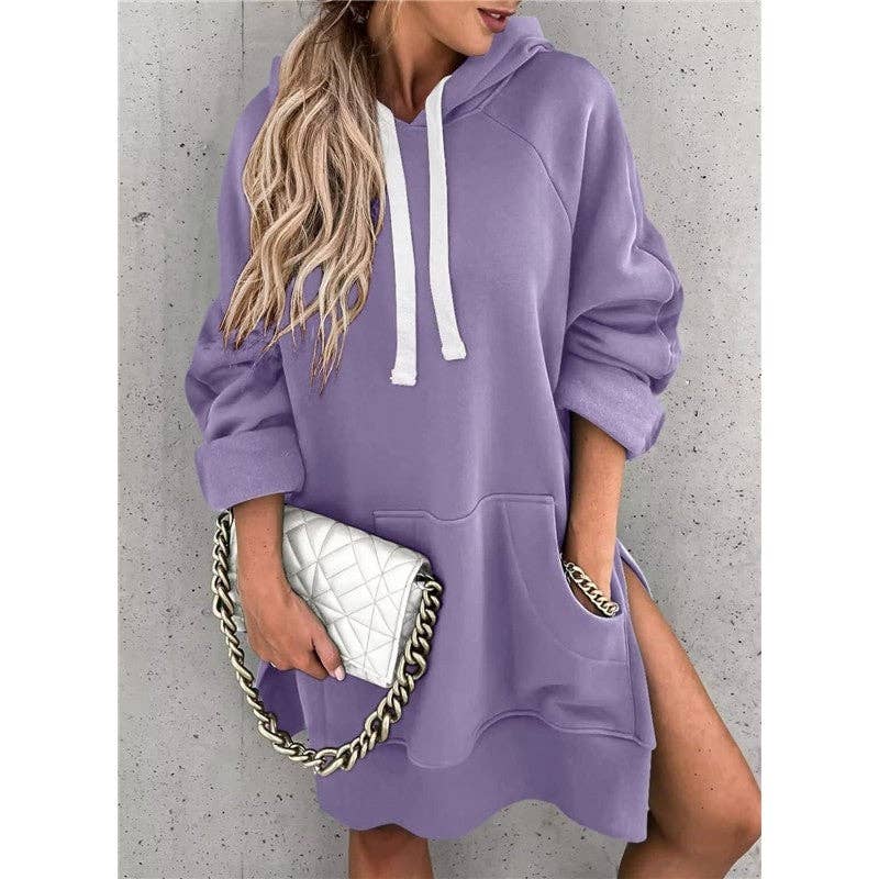 Solid Color Hooded Split Hem Midi Sweatshirt: KHAKI / M
