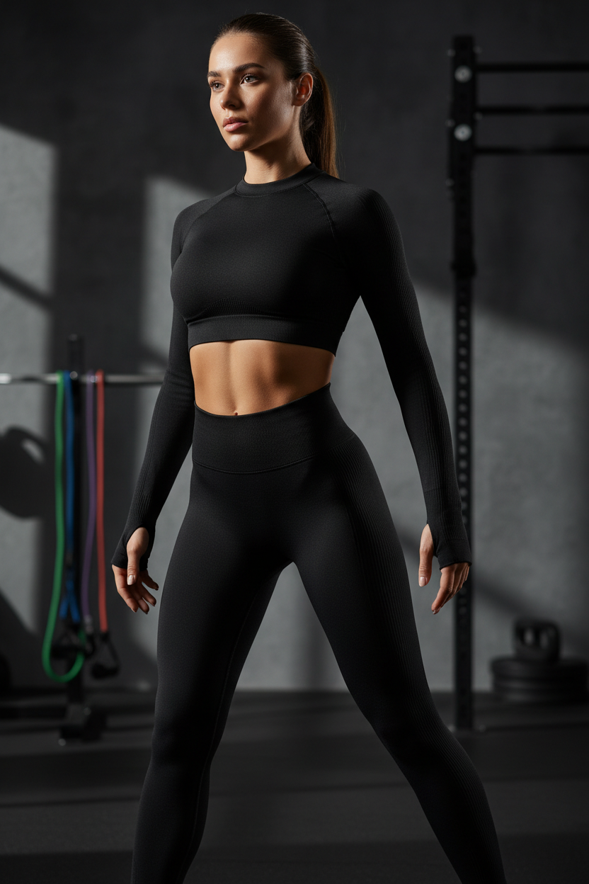 Black seamless high waist yoga leggings and long sleeve top workout set